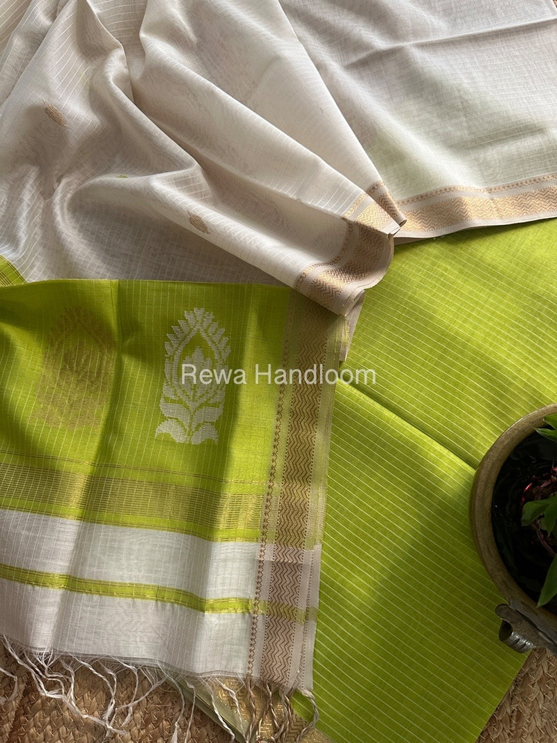 Maheshwari Parrot Green-White Motifs Top-Dupatta Set MS0163