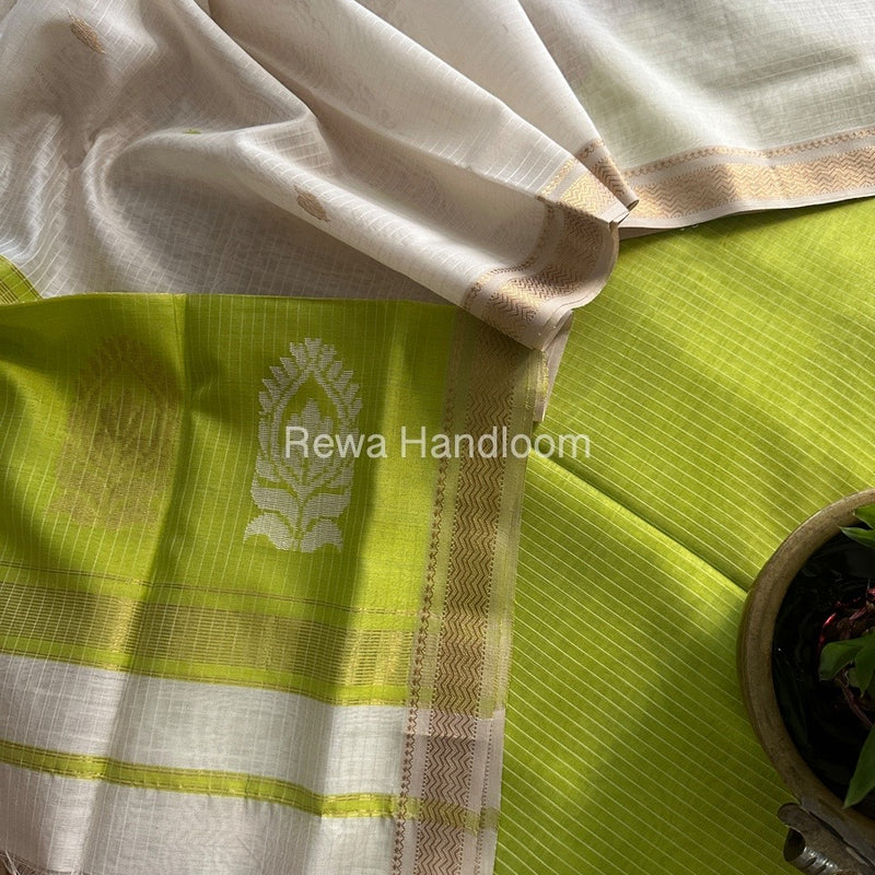 Maheshwari Parrot Green-White Motifs Top-Dupatta Set MS0163