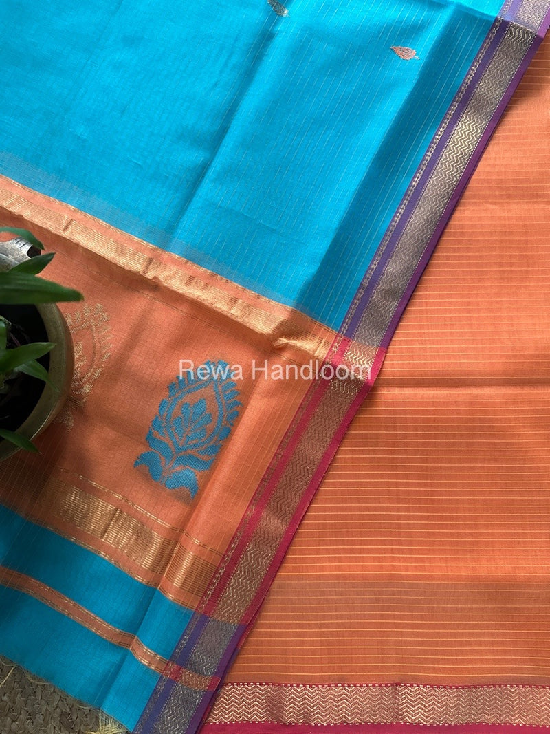 Maheshwari Peach Orange-Firozi Blue Motifs Top-Dupatta Set MS0149