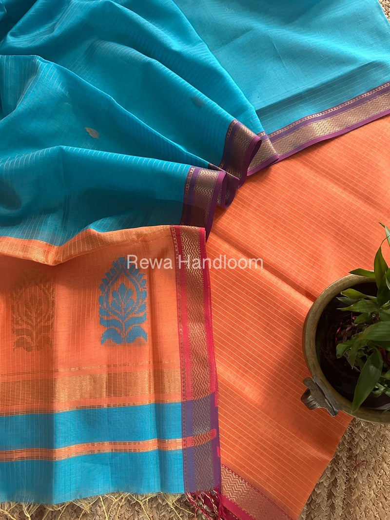 Maheshwari Peach Orange-Firozi Blue Motifs Top-Dupatta Set MS0149