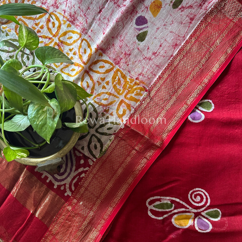 Maheshwari Red Batik Printed Dress Material BTP104