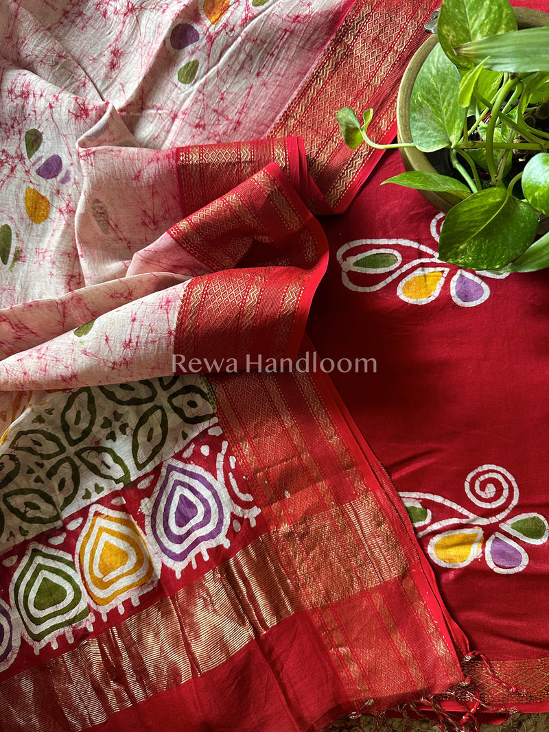 Maheshwari Red Batik Printed Dress Material BTP104