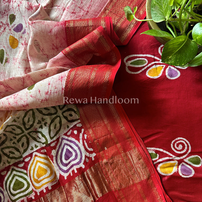Maheshwari Red Batik Printed Dress Material BTP104