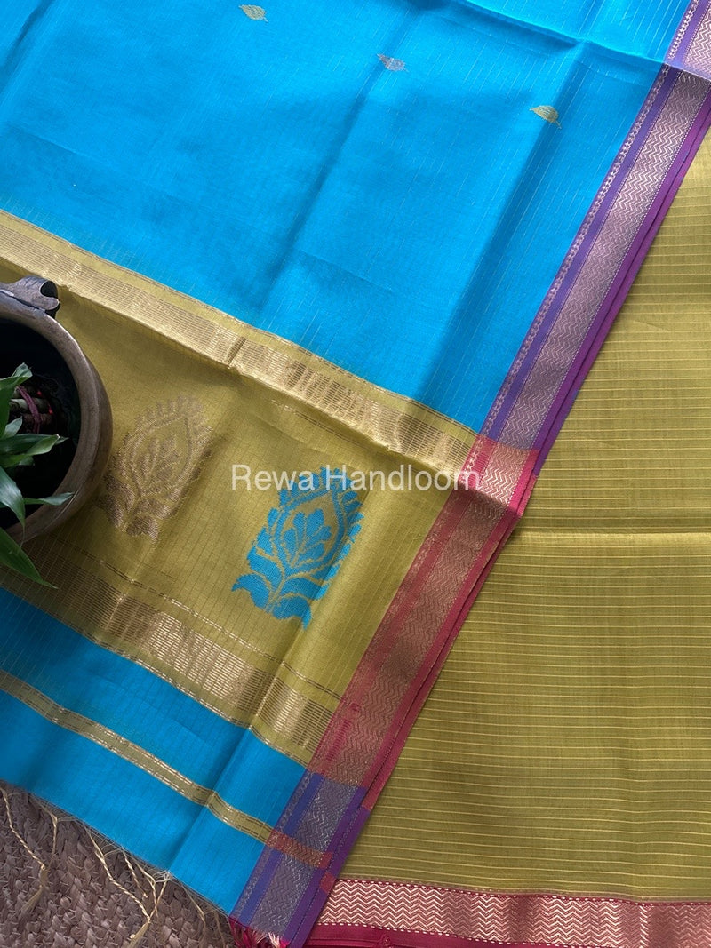 Maheshwari Turmeric Yellow-Firozi Motifs Top-Dupatta Set MS0139