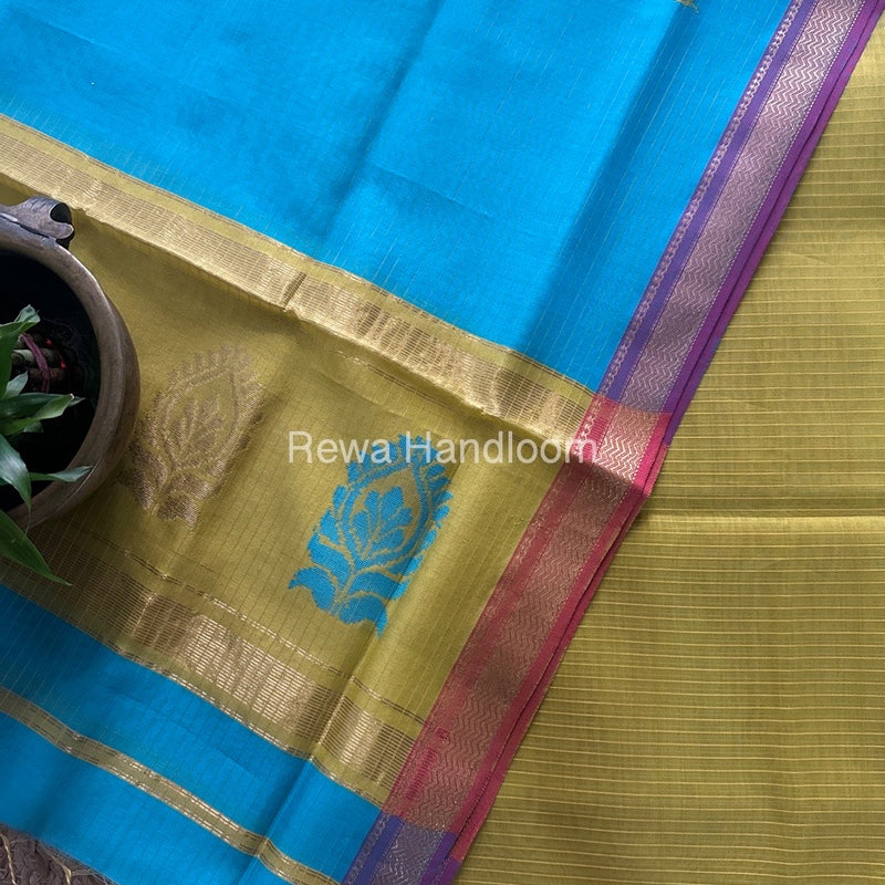 Maheshwari Turmeric Yellow-Firozi Motifs Top-Dupatta Set MS0139