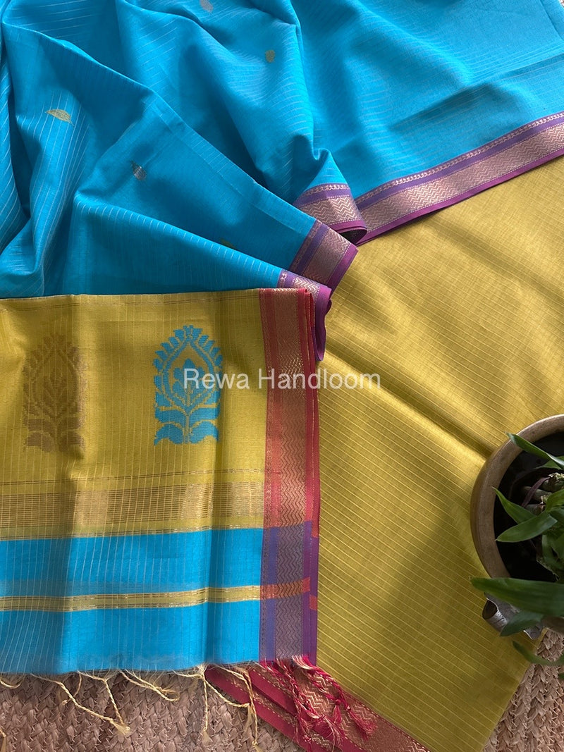 Maheshwari Turmeric Yellow-Firozi Motifs Top-Dupatta Set MS0139