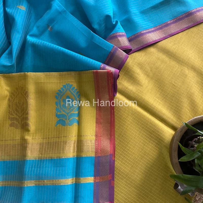 Maheshwari Turmeric Yellow-Firozi Motifs Top-Dupatta Set MS0139