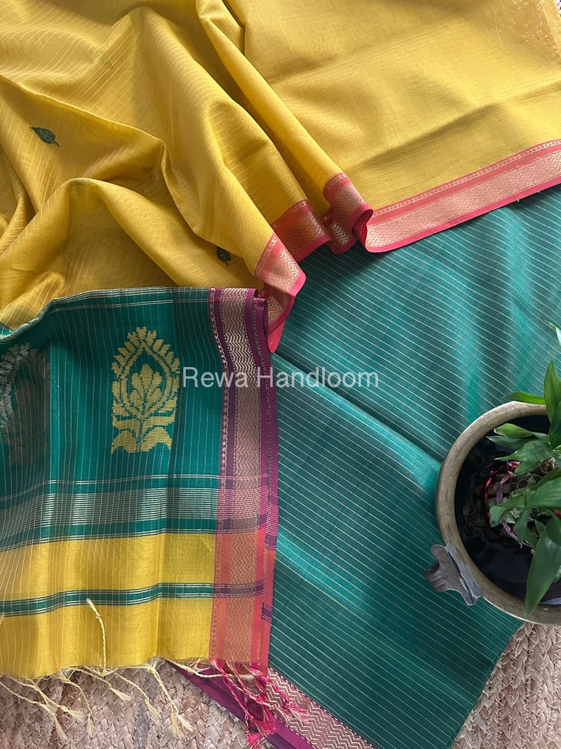 Maheshwari Chutney Green-Turmeric Yellow Motifs Top-Dupatta Set MS0146