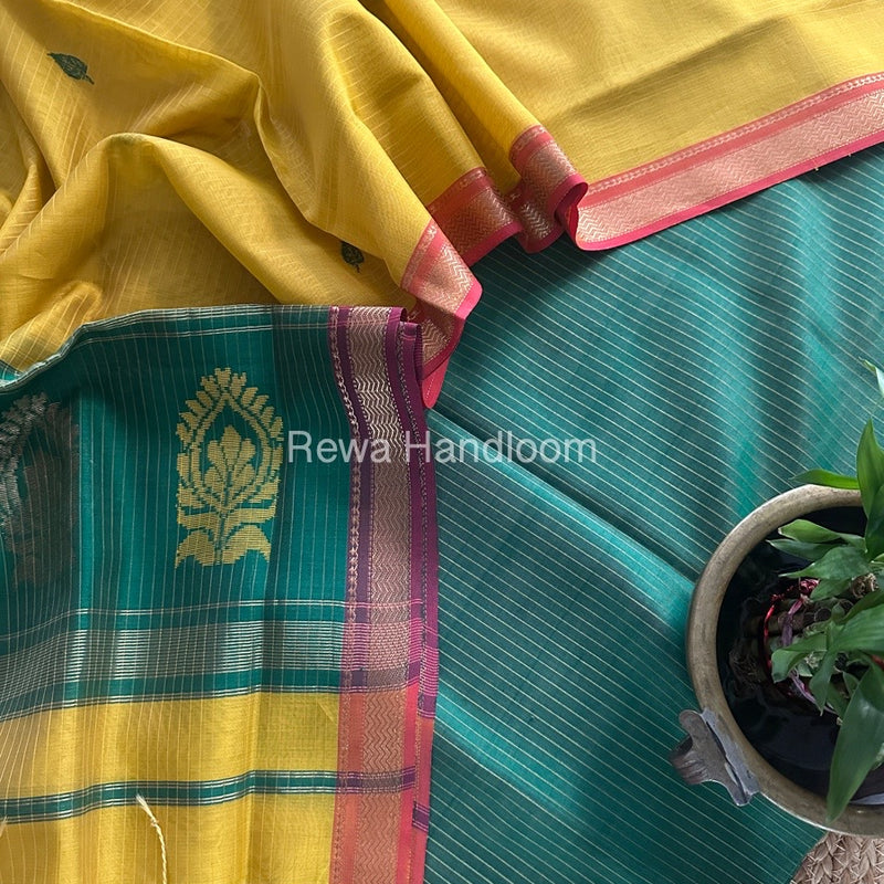 Maheshwari Chutney Green-Turmeric Yellow Motifs Top-Dupatta Set MS0146