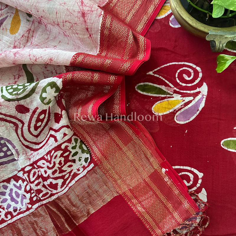 Maheshwari Red Batik Printed Dress Material-BTP114