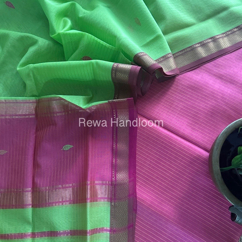Maheshwari Pink-Parrot Green Motifs Top-Dupatta Set PST0145