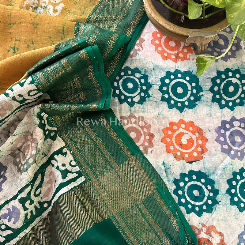 Maheshwari White-Mehandi Green Batik Printed Dress Material-BTP118