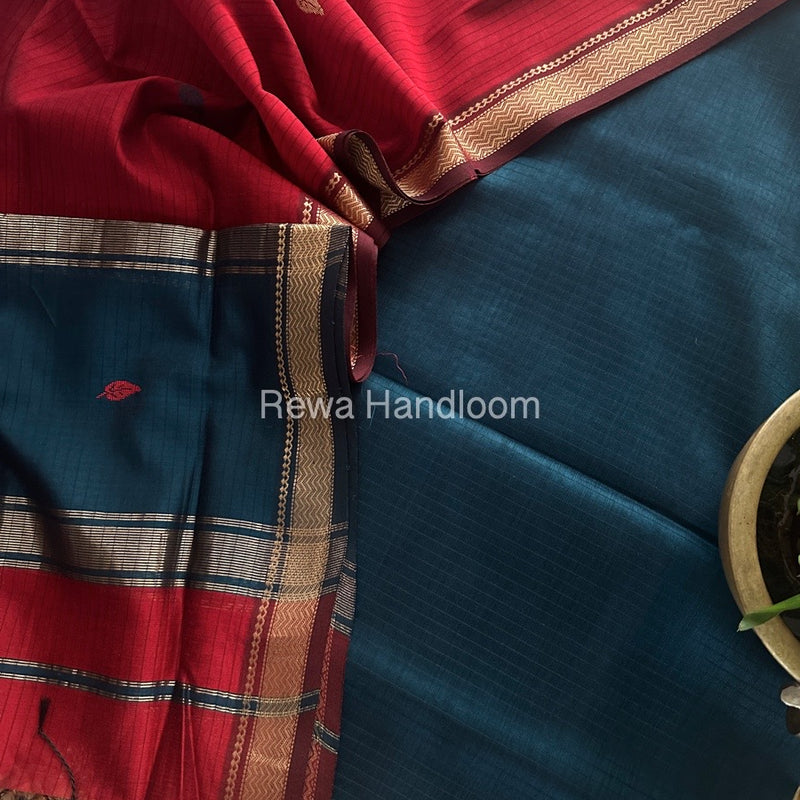 Maheshwari Peacock Blue-Red Motifs Top-Dupatta Set PST0124