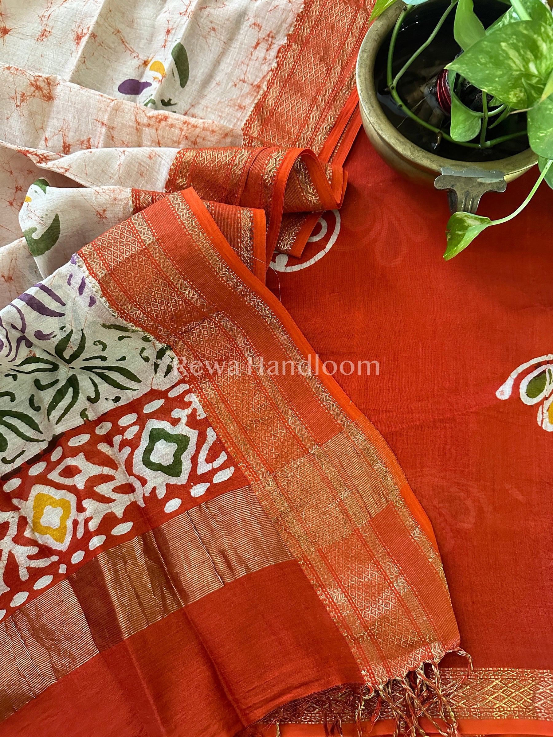 Maheshwari Orange Batik Printed Dress Material-BTP122