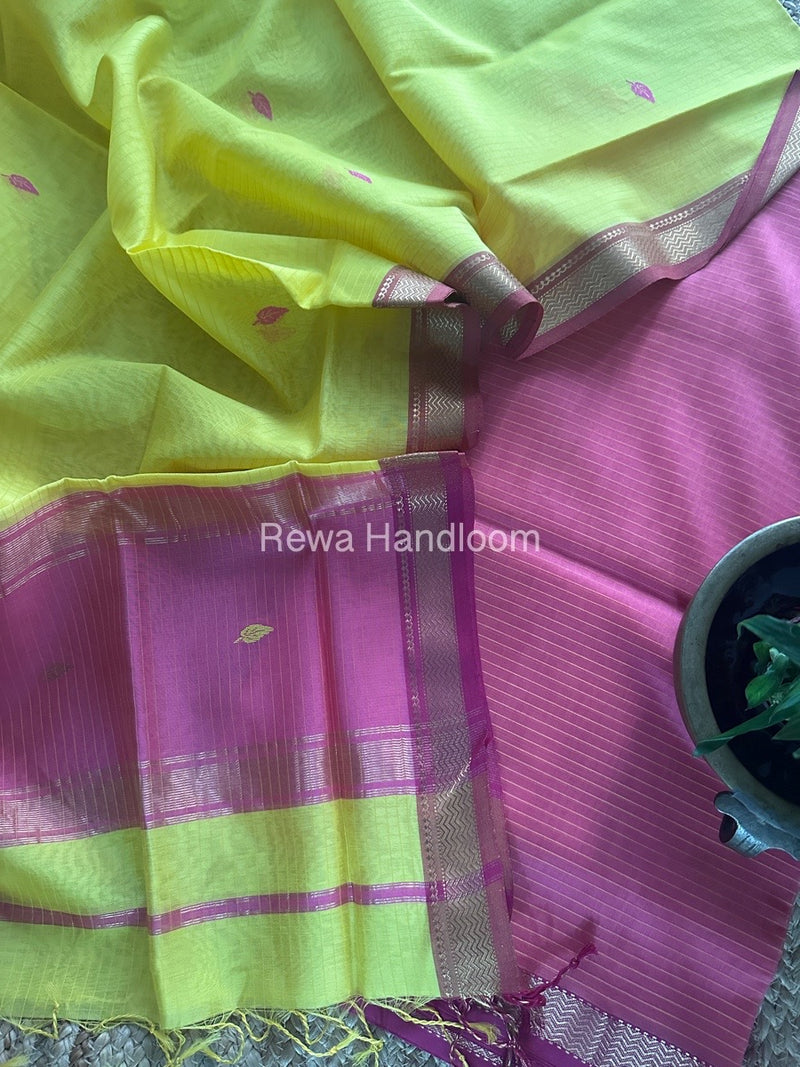 Maheshwari Pink-Yellow Motifs Top-Dupatta Set PST0116