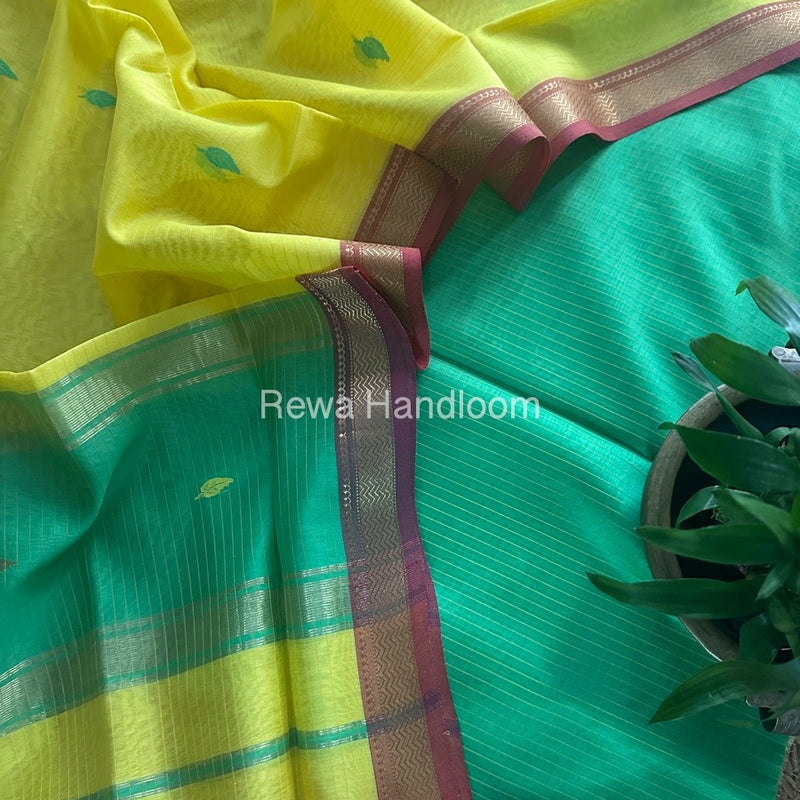 Maheshwari Parrot Green-Yellow Motifs Top-Dupatta Set PST0148