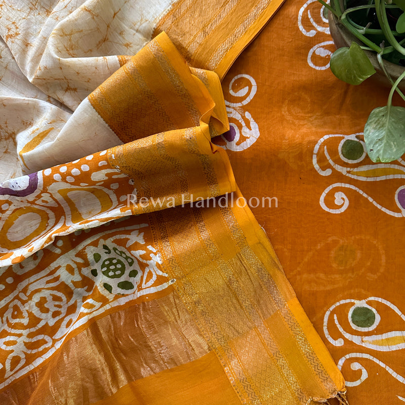 Maheshwari Golden Yellow Batik Printed Dress Material BTP124