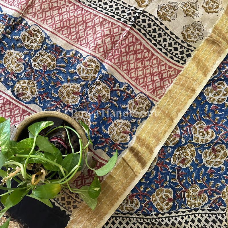 Maheshwari Blue-Beige Bagru Printed Dress Material-BTP125