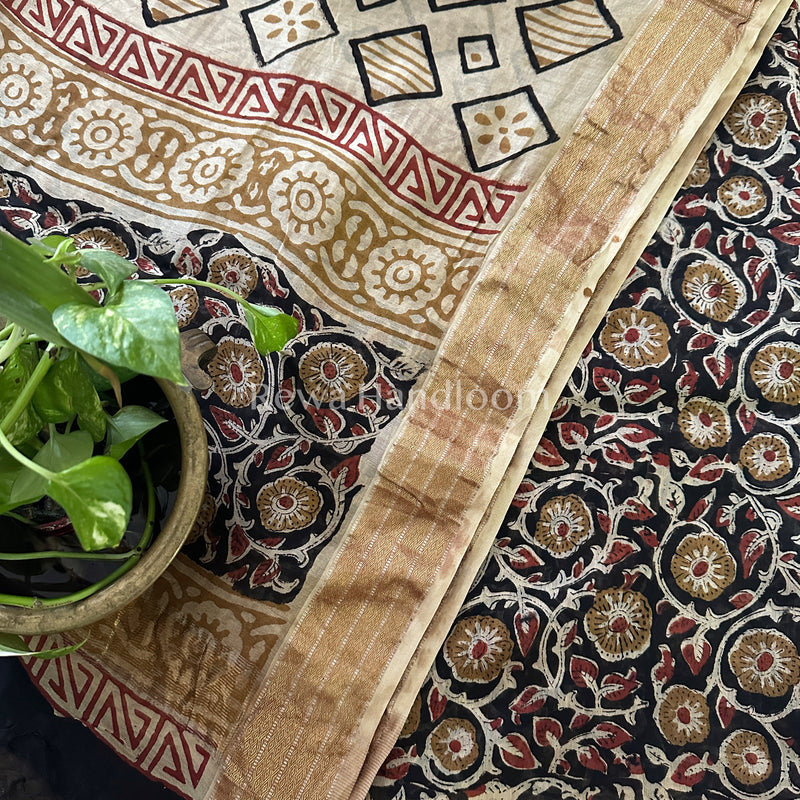 Maheshwari Black-Beige Bagru Printed Dress Material BTP126