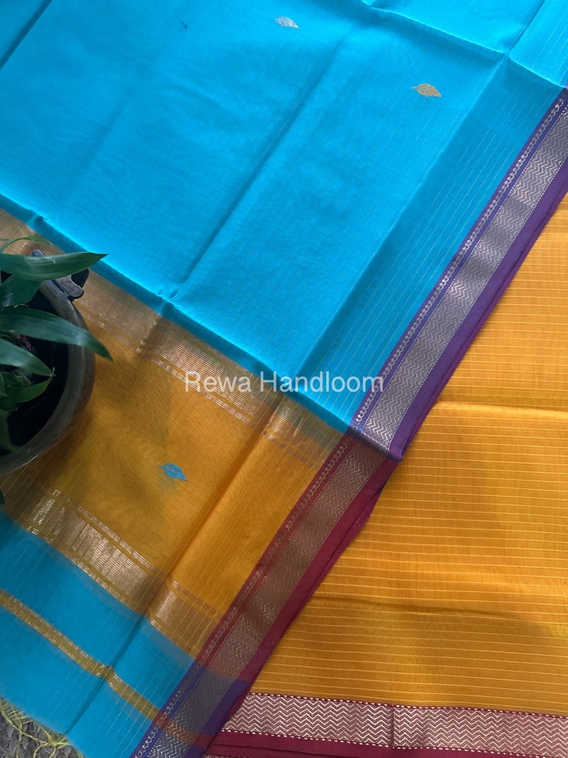 Maheshwari Mango Yellow-Firozi Blue Motifs Top-Dupatta Set PST0117