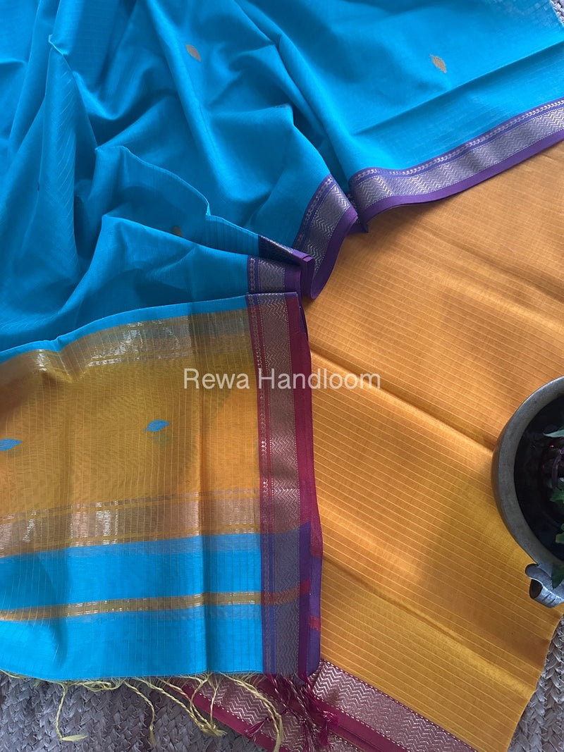 Maheshwari Mango Yellow-Firozi Blue Motifs Top-Dupatta Set PST0117