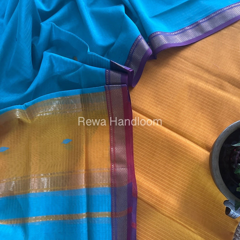 Maheshwari Mango Yellow-Firozi Blue Motifs Top-Dupatta Set PST0117