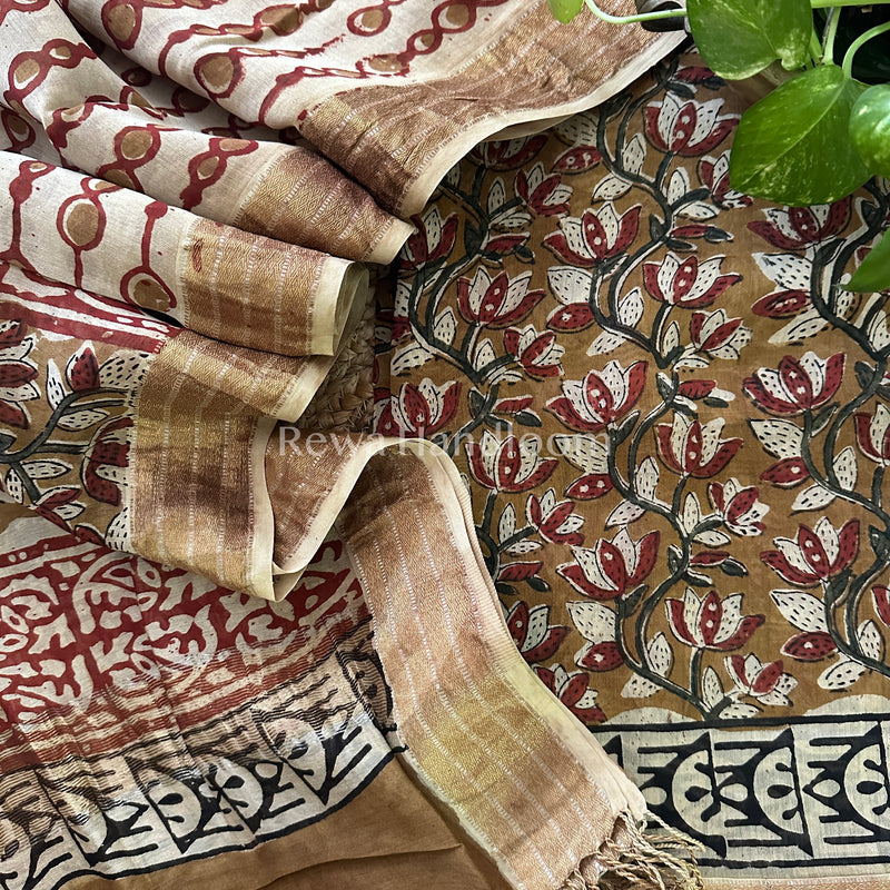 Maheshwari Mustard Yellow-Beige Bagru Printed Dress Material BTP128