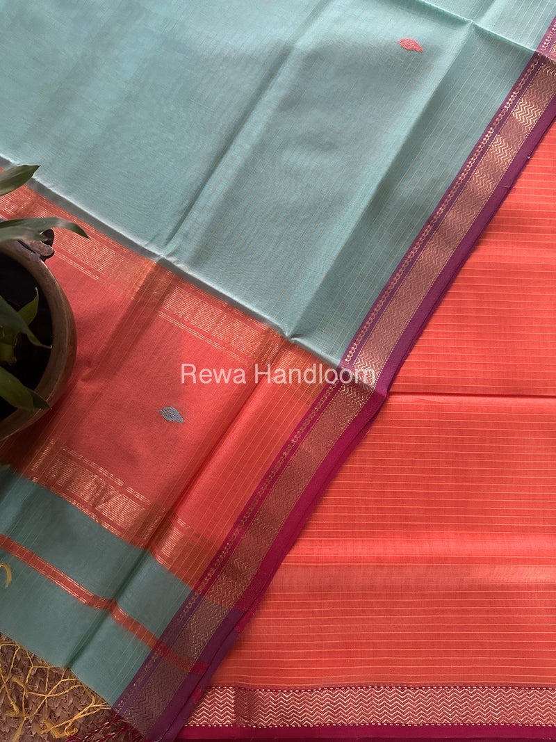 Maheshwari Peach-Sea Green Motifs Top-Dupatta Set PST0161