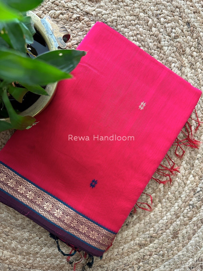 Fuchsia Pink Butta Pallu Zari Border Maheshwari Saree MBS05