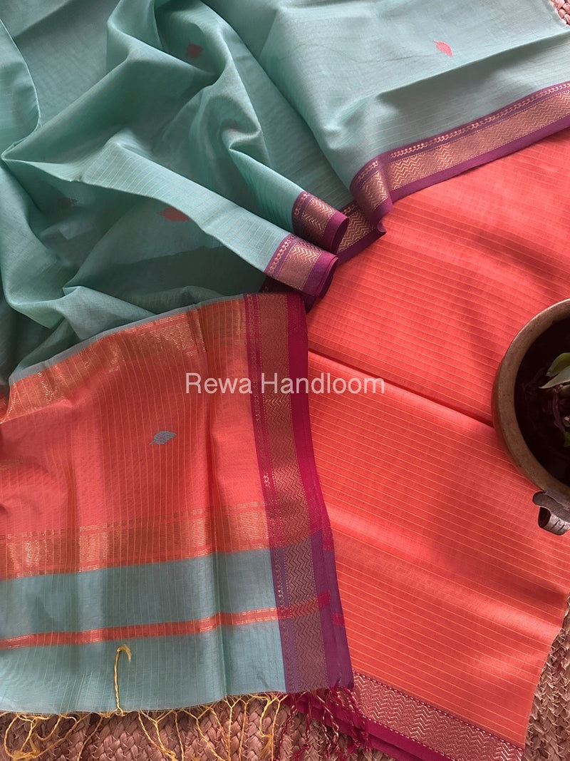 Maheshwari Peach-Aqua Green Motifs Top-Dupatta Set PST0119