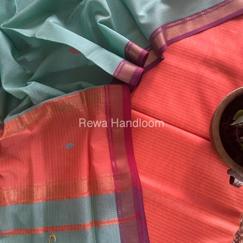 Maheshwari Peach-Aqua Green Motifs Top-Dupatta Set PST0119