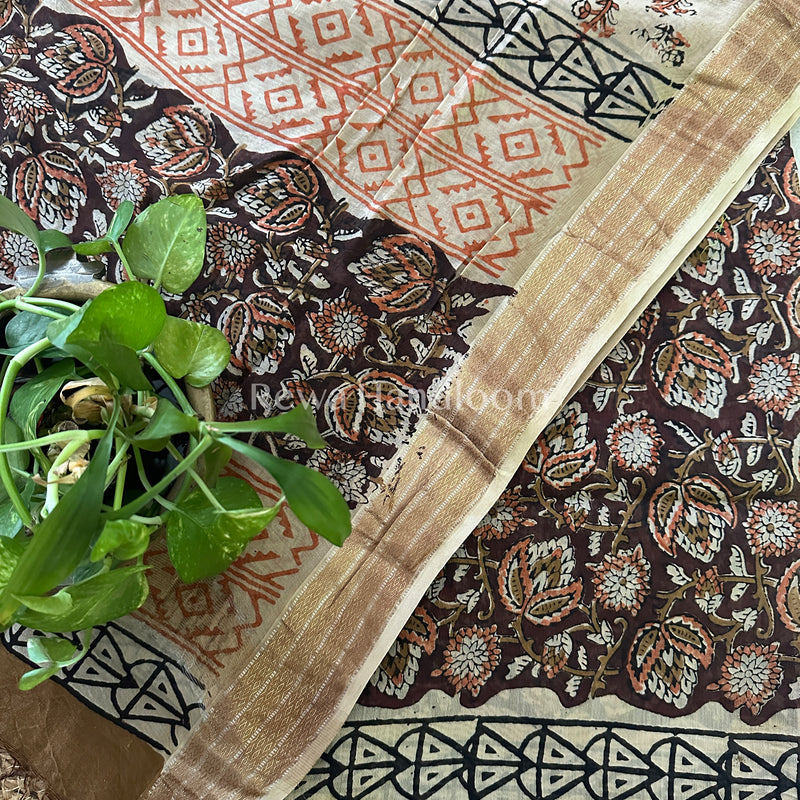 Maheshwari Chocolate-Beige Bagru Printed Dress Material BTP130