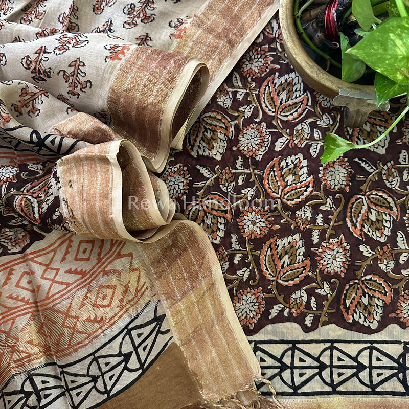 Maheshwari Chocolate-Beige Bagru Printed Dress Material BTP130 