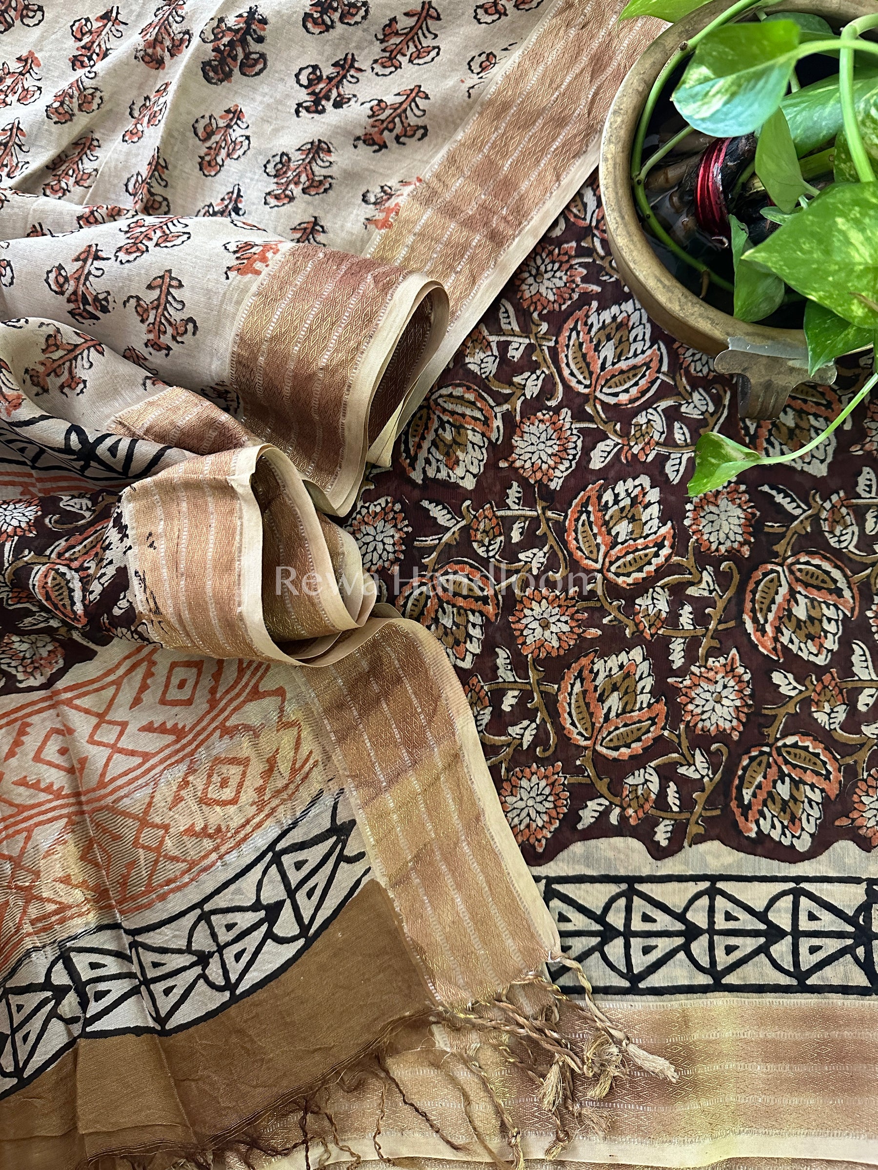 Maheshwari Chocolate-Beige Bagru Printed Dress Material BTP130 