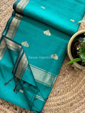 Aqua Green Butta Pallu Zari Border Maheshwari Saree MBS06