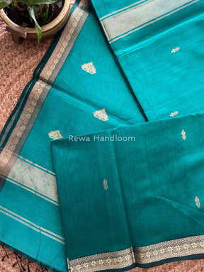 Aqua Green Butta Pallu Zari Border Maheshwari Saree MBS06