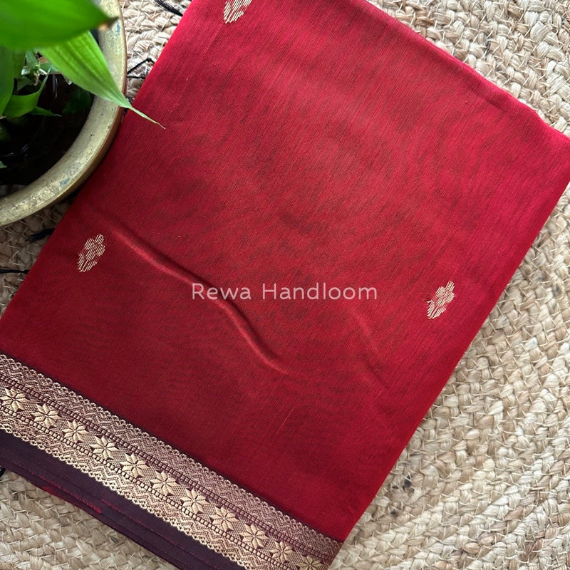 Red Butta Pallu Zari Border Maheshwari Saree MBS014