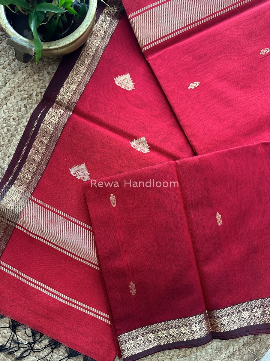 Red Butta Pallu Zari Border Maheshwari Saree MBS014