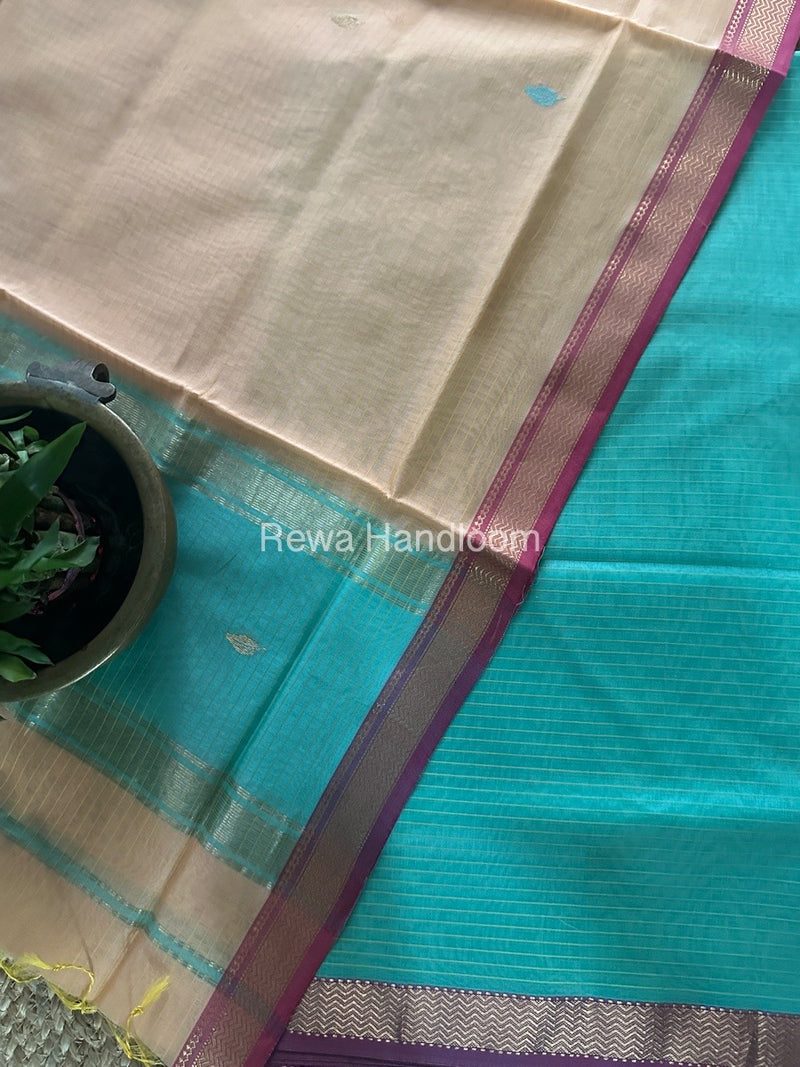Maheshwari Sea Green-Peach Motifs Top-Dupatta Set PST0139