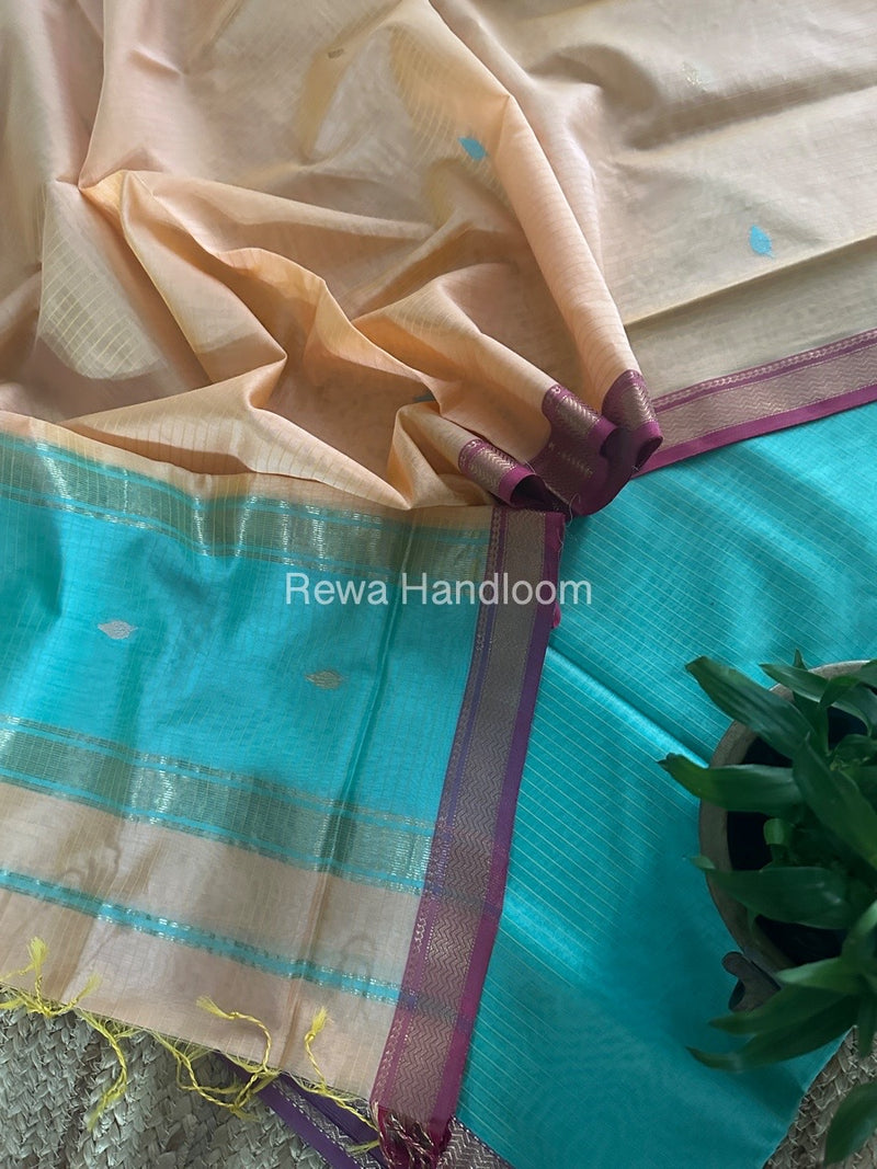 Maheshwari Sea Green-Peach Motifs Top-Dupatta Set PST0139