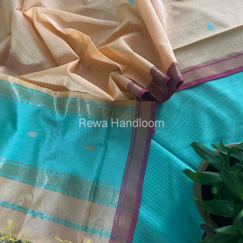 Maheshwari Sea Green-Peach Motifs Top-Dupatta Set PST0139