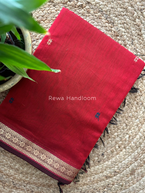 Red Butta Pallu Zari Border Maheshwari Saree MBS012