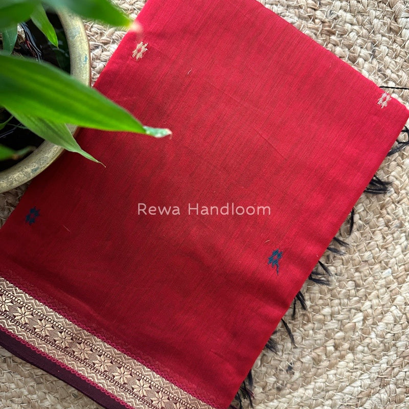 Red Butta Pallu Zari Border Maheshwari Saree MBS012