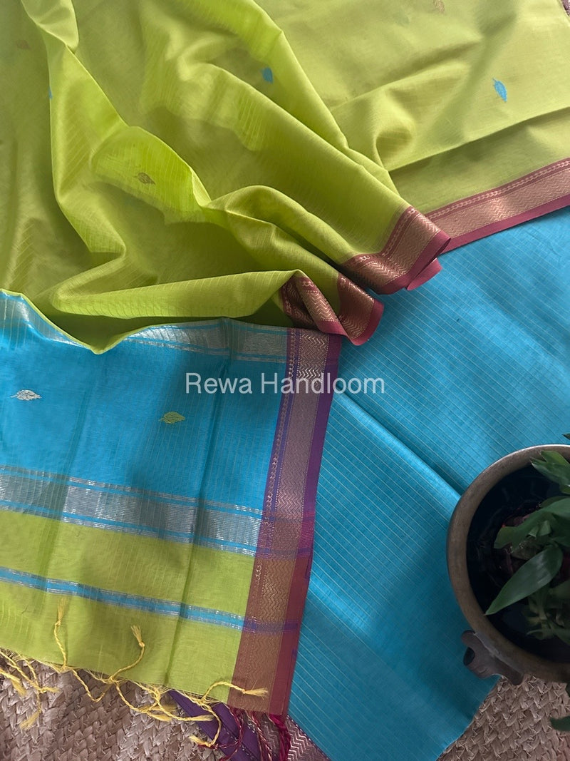 Maheshwari Sky Blue-Parrot Green Motifs Top-Dupatta Set PST0159