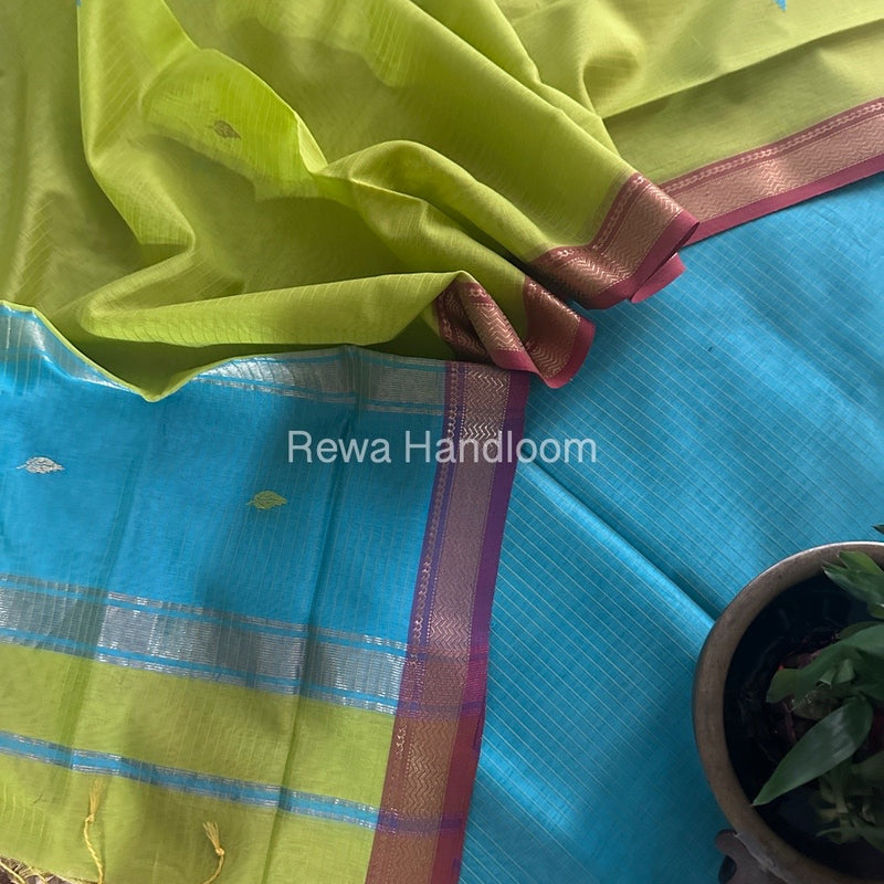 Maheshwari Sky Blue-Parrot Green Motifs Top-Dupatta Set PST0159