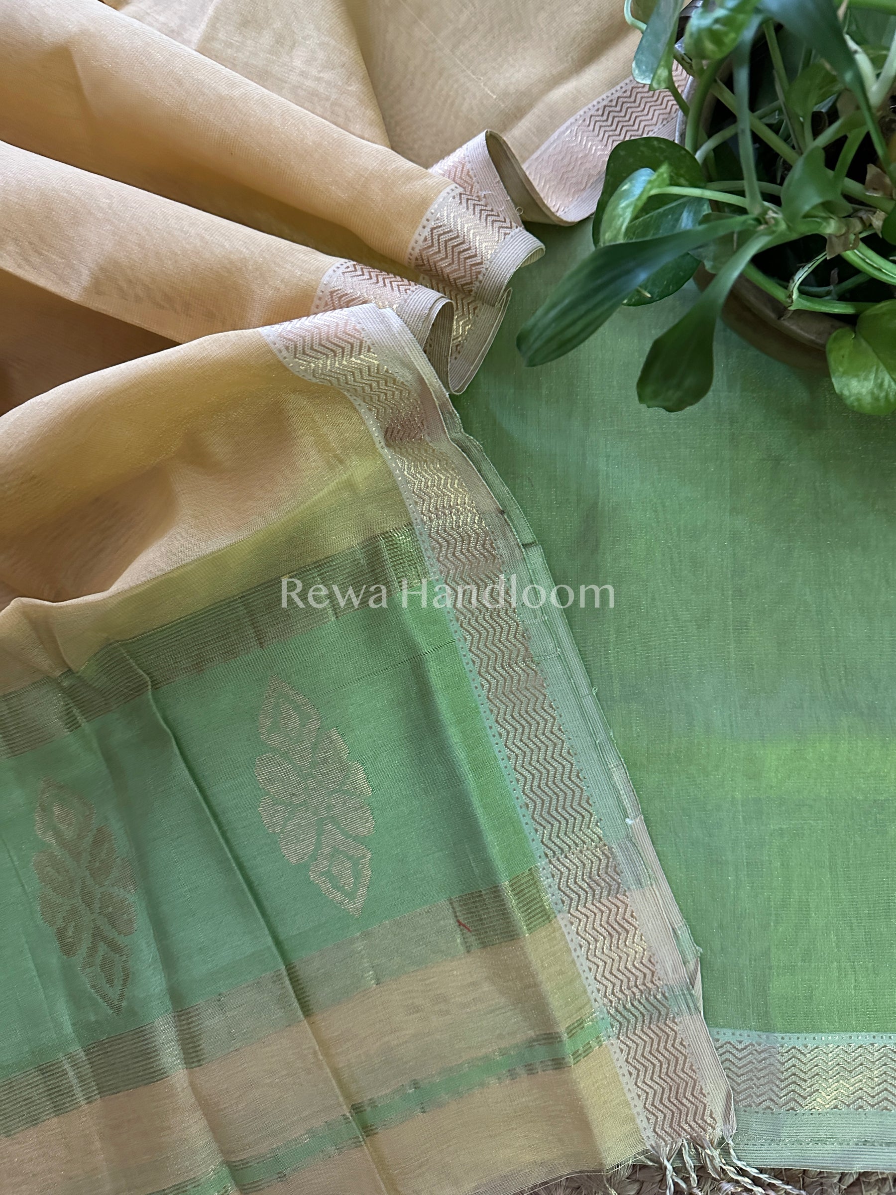 Maheshwari Green-Cream Yellow Tissue Buta Dress Material-TPT13