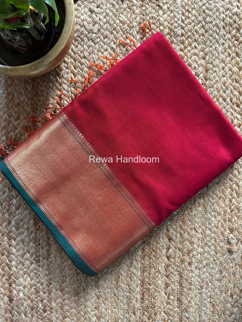 Exclusive Maheshwari Dark Rani Pink Zari Border Saree EZ030
