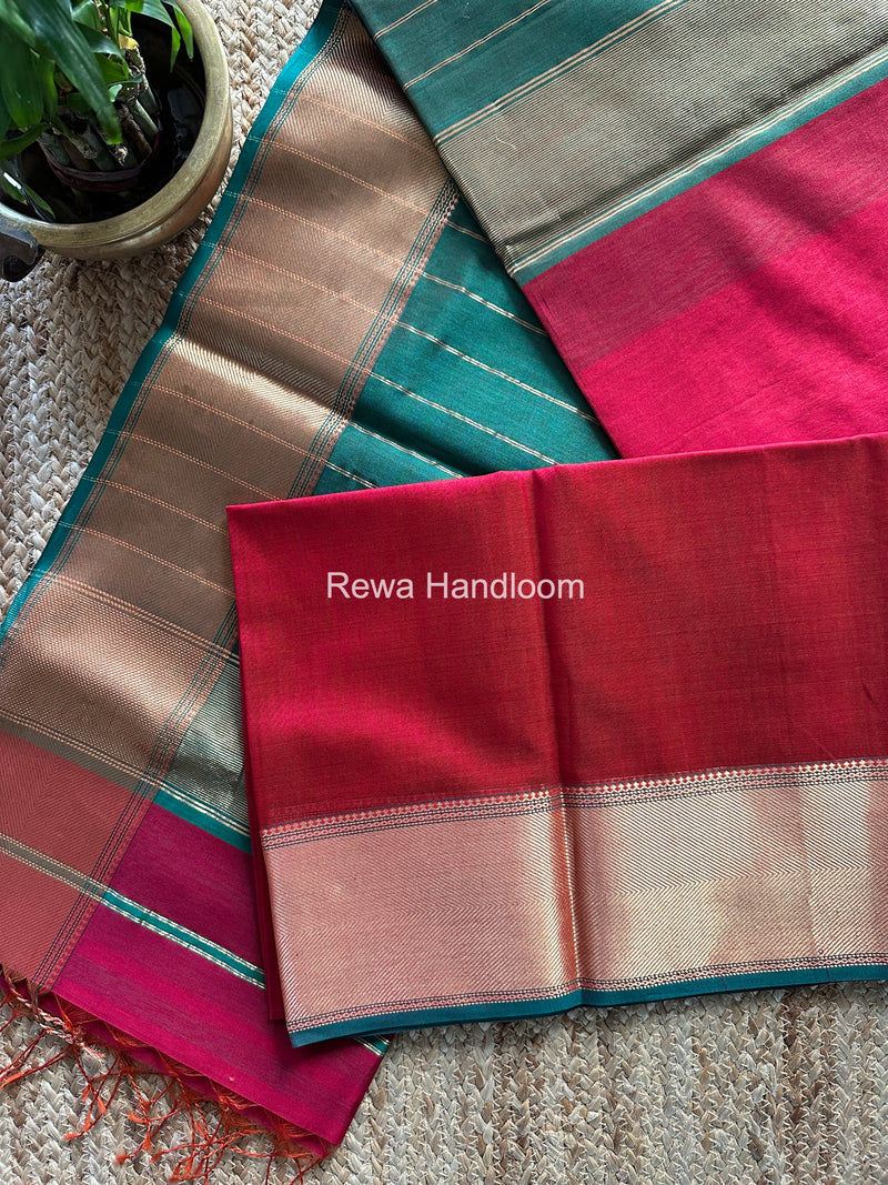 Exclusive Maheshwari Dark Rani Pink Zari Border Saree EZ030