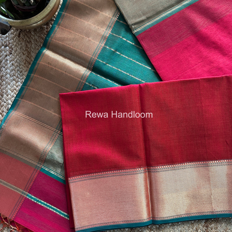 Exclusive Maheshwari Dark Rani Pink Zari Border Saree EZ030