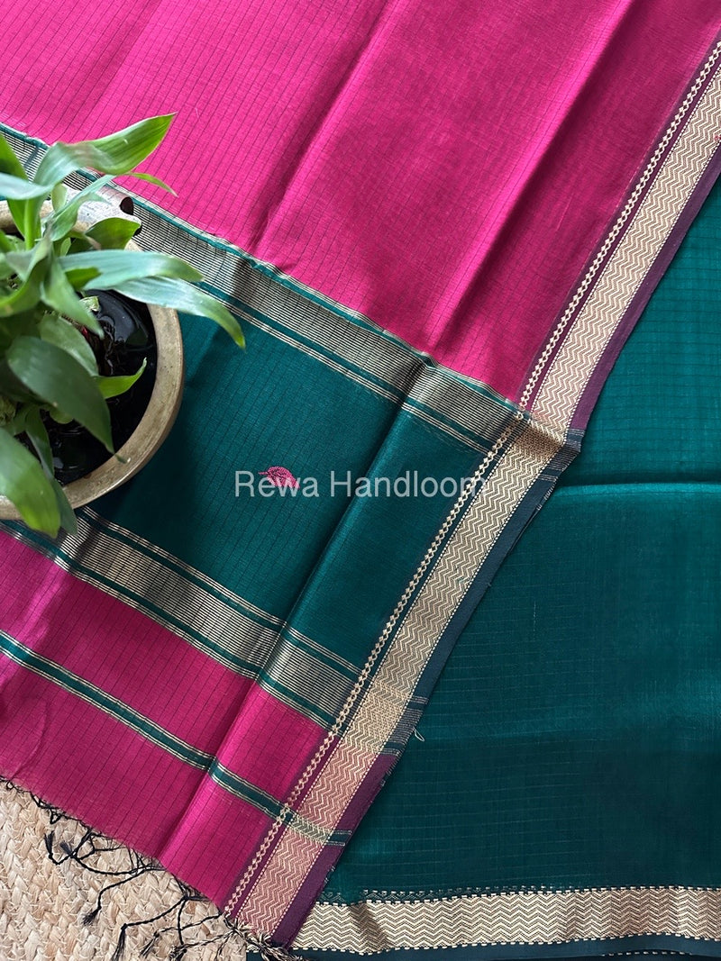 Maheshwari Green-Rani Pink Motifs Top-Dupatta Set PST0133